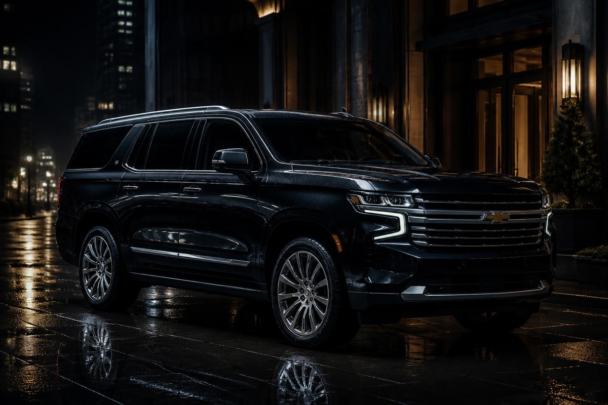 2025 High Country Chevy Suburban in a dimly lit, high-end urban environment